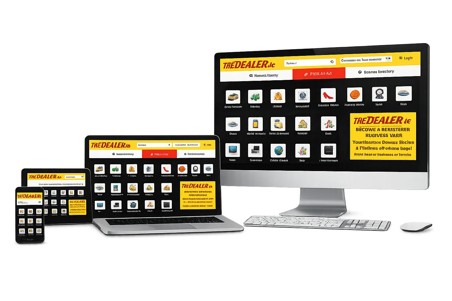 Classified marketplace web listing grid alongside a companion mobile app product page